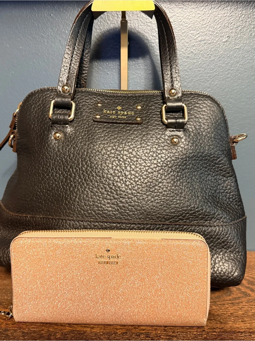 kate spade Black Pebbled Leather Satchel with Blush Sparkle Wallet